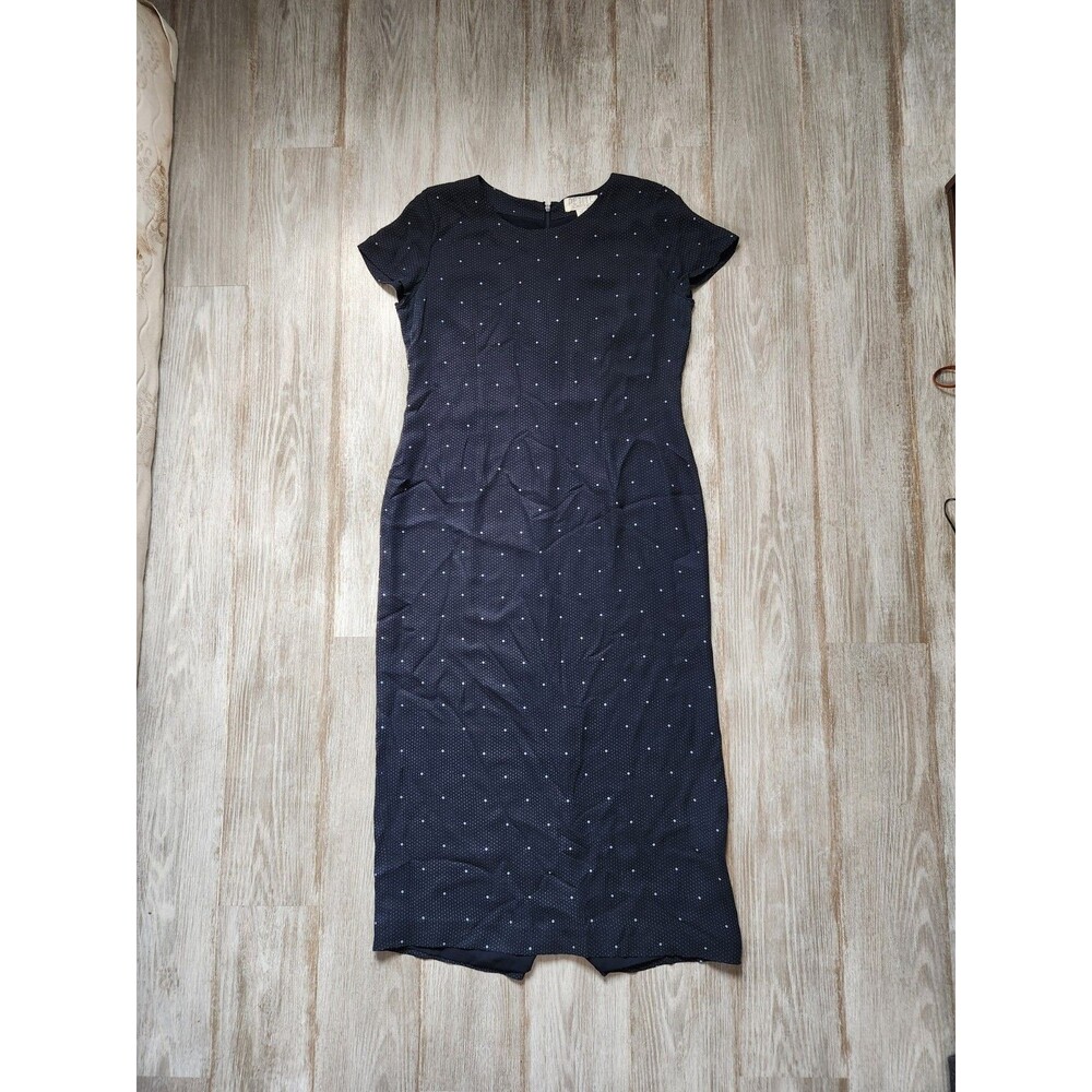 Petite Sophisticate 100% Silk Midi Dress Blue Polkw Dot Short Sleeve Sz 12 EUC